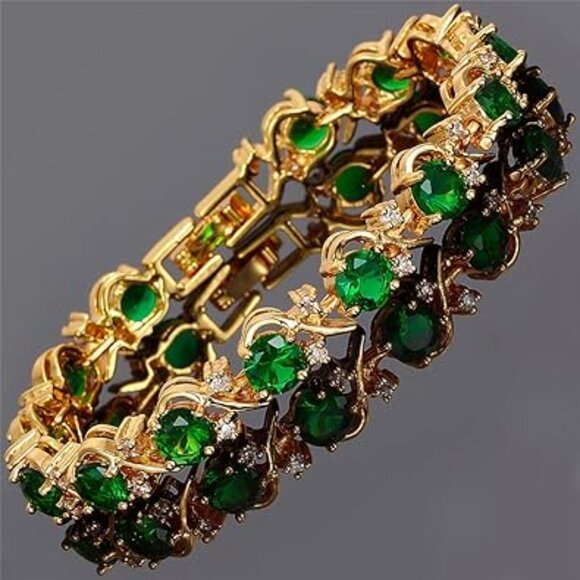Neiman Marcus 18k Gold Plated Emerald Gemstone Round CZ Bracelet - Picture 4 of 4